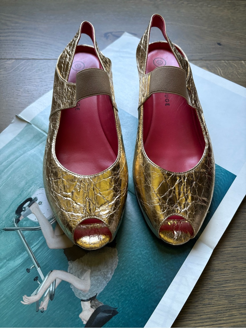 Pas de Rouge Silvia Peep Toe Mary Jane Wedges Made In Italy Gold Size EUR 39